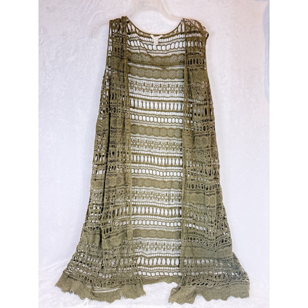 Olive Crochet Duster Vest 18/20W Boho Open Knit Longline Festival Cardigan